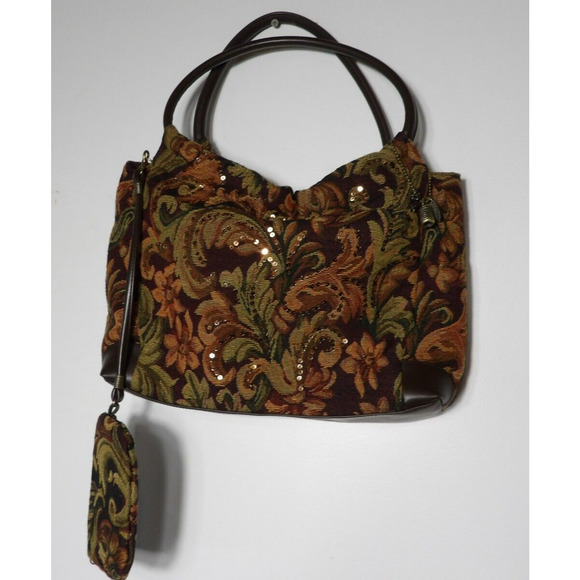 Paradox Tapestry Purse Shoulder Bag Brown Floral Sequins Woven Double Handle - Picture 1 of 16